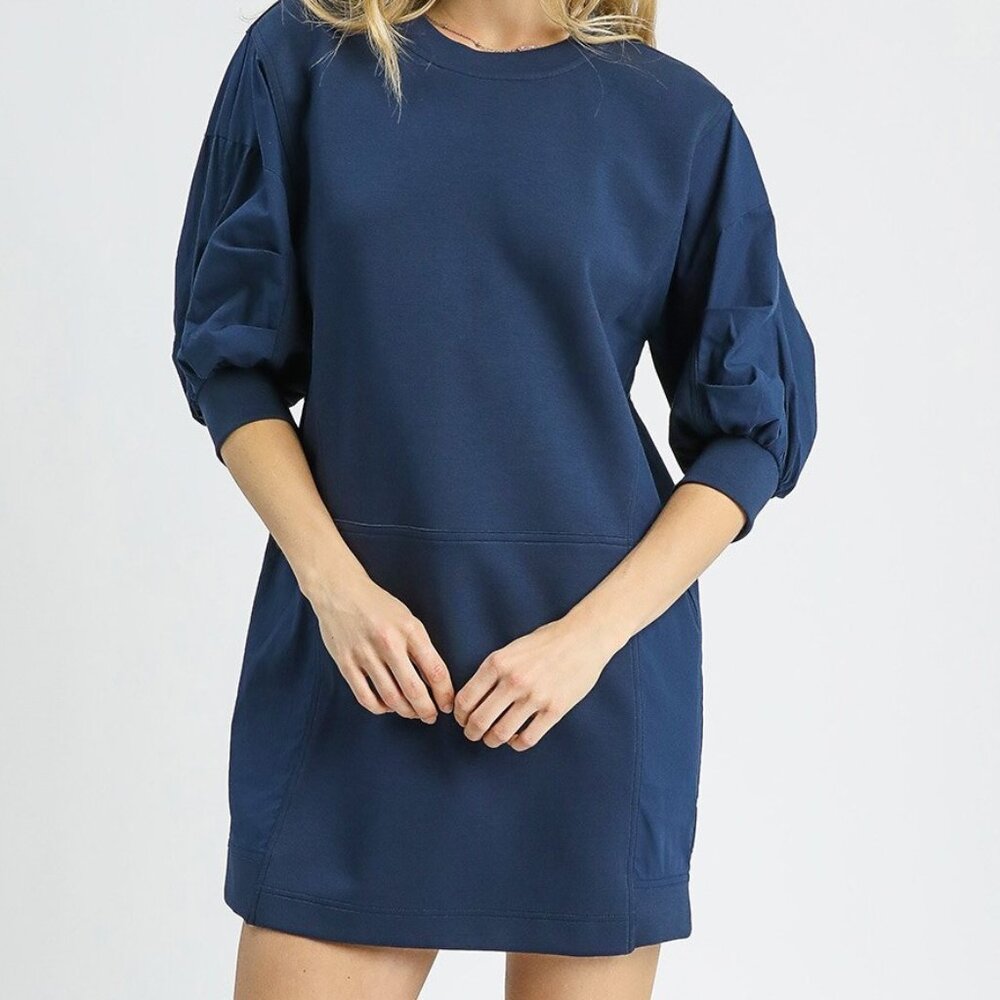 Umgee Navy Puff Sleeve Sweatshirt Dress Tunic
